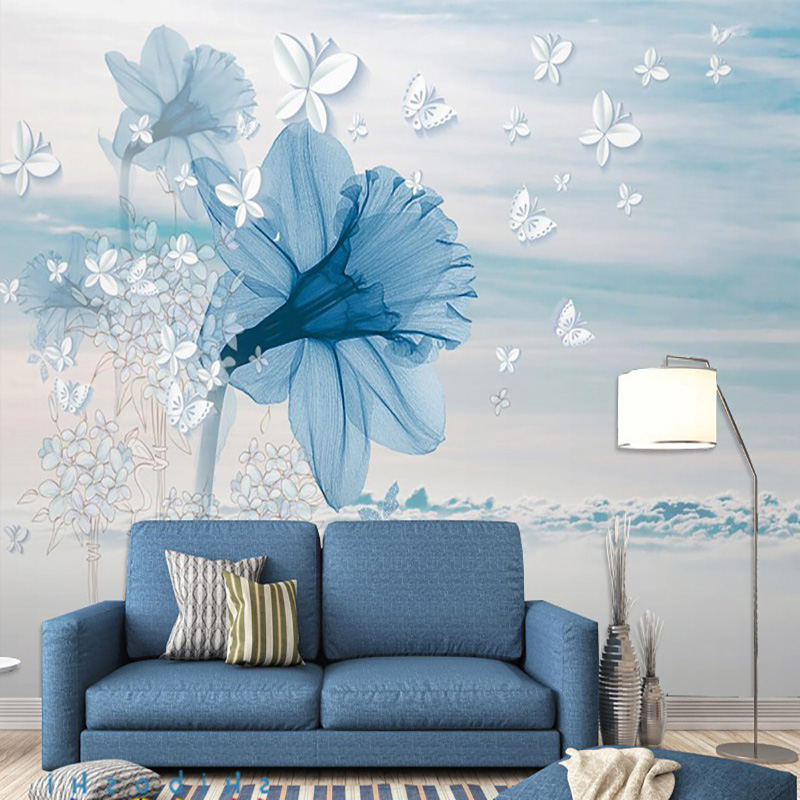 歐式玉蘭花朵壁畫電視背景墻布臥室床頭客廳沙發網紅直播蝴蝶壁布