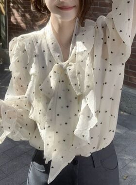 波点长袖薄款防晒蕾丝打底衫蝴蝶结雪纺衬衫女装衬衣上衣夏季女士