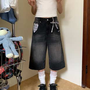 七分中裤 美好商店MeihaoStore爱心蝴蝶结格纹拼接牛仔裤