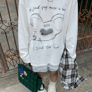 美好商店MeihaoStore搞怪可爱老鼠头蕾丝拼接纯棉长袖T恤