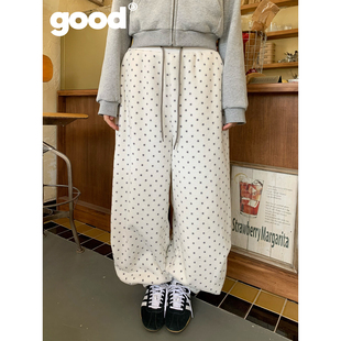 美好商店MeihaoStore「绒绒波波」灰白波点腰头拼接抽绳休闲裤
