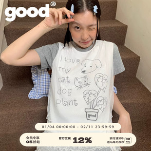 美好商店MeihaoStore朦胧网纱假两件灰白拼接正肩小板型短袖T恤