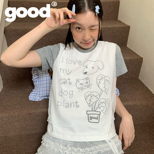 美好商店MeihaoStore朦胧网纱假两件灰白拼接正肩小板型短袖T恤