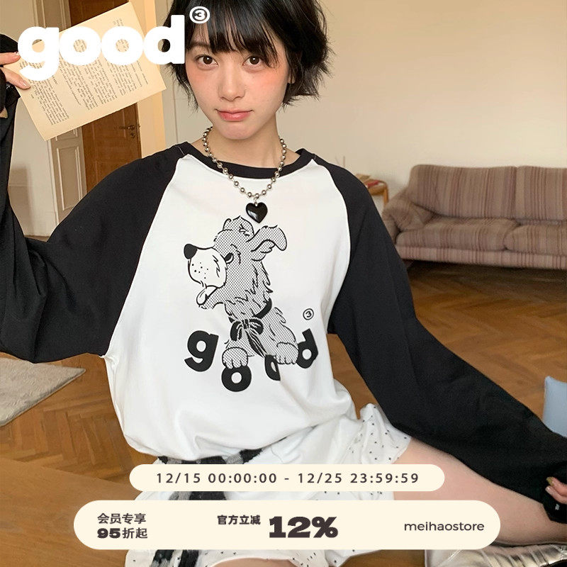 美好商店MeihaoStore像素绅士good小狗黑白插肩袖长袖T恤