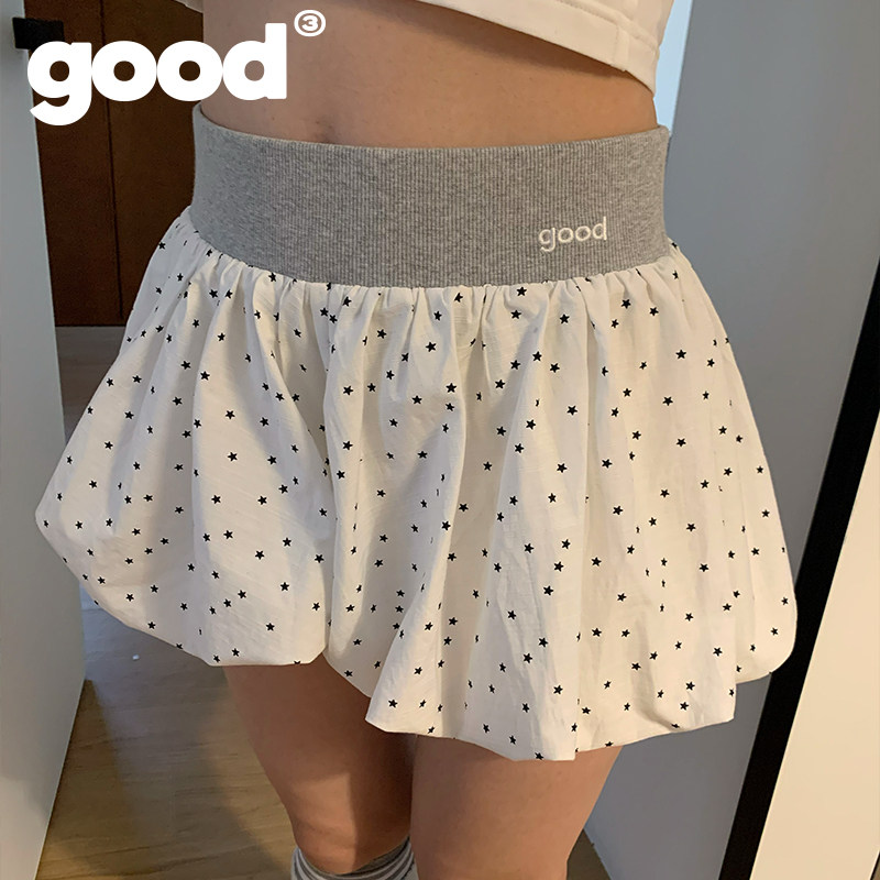 美好商店MeihaoStore星星波点灰白拼接蓬蓬花苞裙裤