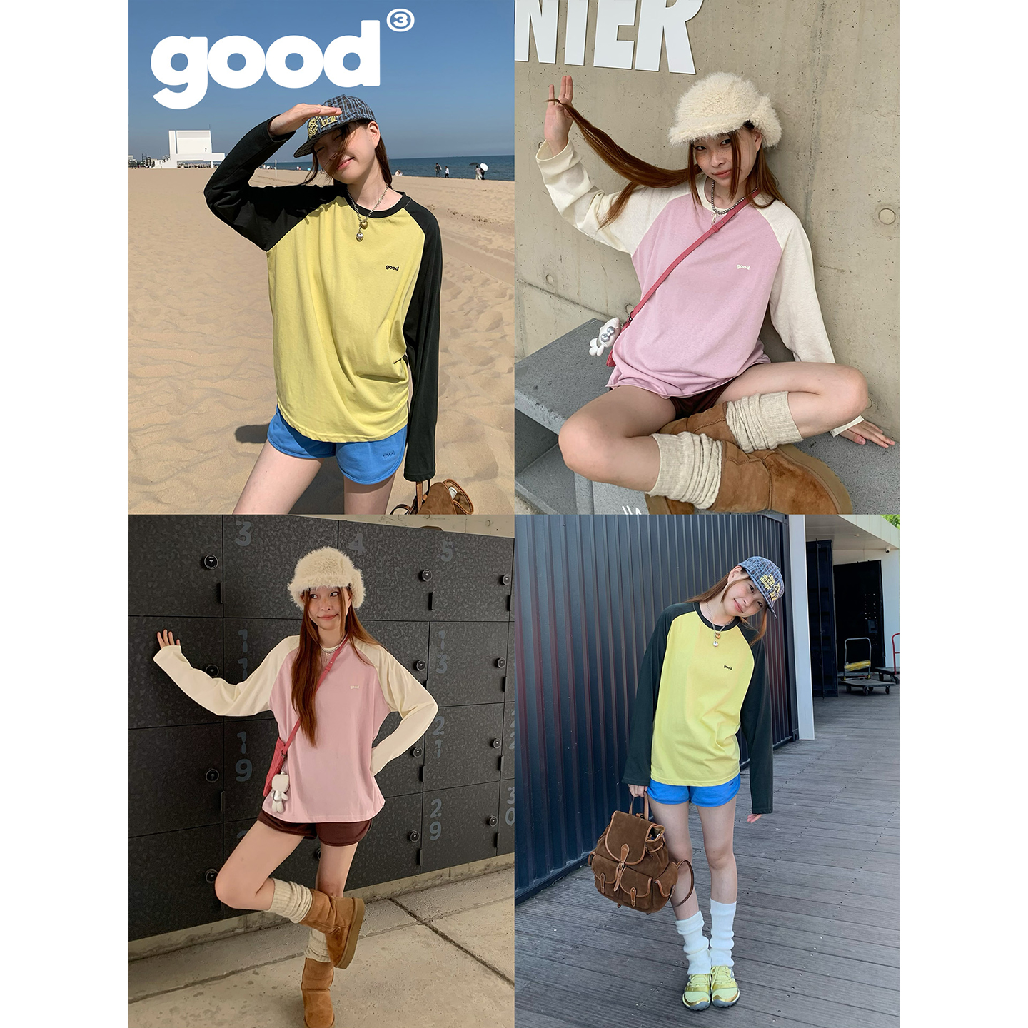 美好商店MeihaoStore「简单穿穿」 good logo刺绣撞色插肩长袖T恤