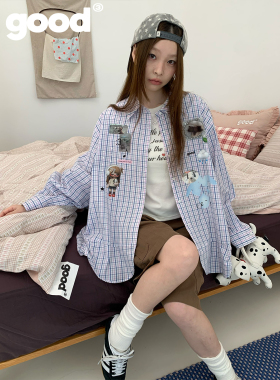 美好商店MeihaoStore「粉蓝日记」ins风元素印花下摆花边长款衬衫