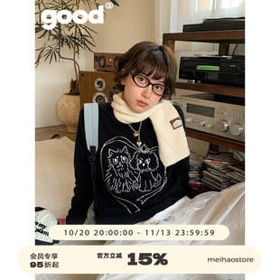 美好商店MeihaoStore「猫狗日记」爱心提花圆领黑色套头毛衣