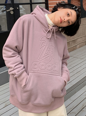 美好商店MeihaoStore灰紫色椰子树钢压凸印连帽卫衣宽松加绒加厚