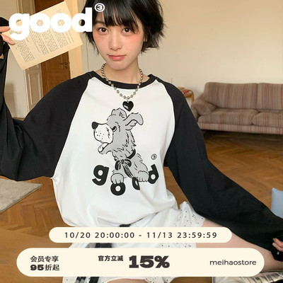 美好商店MeihaoStore像素绅士good小狗黑白插肩袖长袖T恤