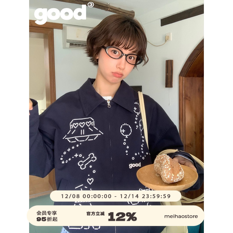 美好商店MeihaoStore「小狗星球」藏青色颜文字小狗刺绣夹克外套