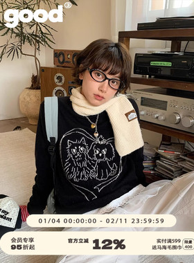 美好商店MeihaoStore「猫狗日记」爱心提花圆领黑色套头毛衣