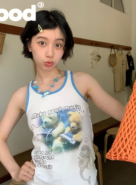 美好商店MeihaoStore蓝白撞色热爱音乐小熊无袖工字背心