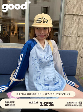 美好商店MeihaoStore「少女分镜」轻亚风蓝白拼接V领球衣长袖T恤