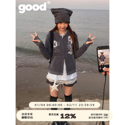 美好商店MeihaoStore[虚拟角色]二次元波点条纹拼接连帽毛衣外套