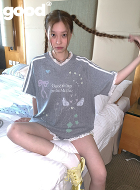 美好商店MeihaoStore梦幻涂鸦V领球衣短袖T恤