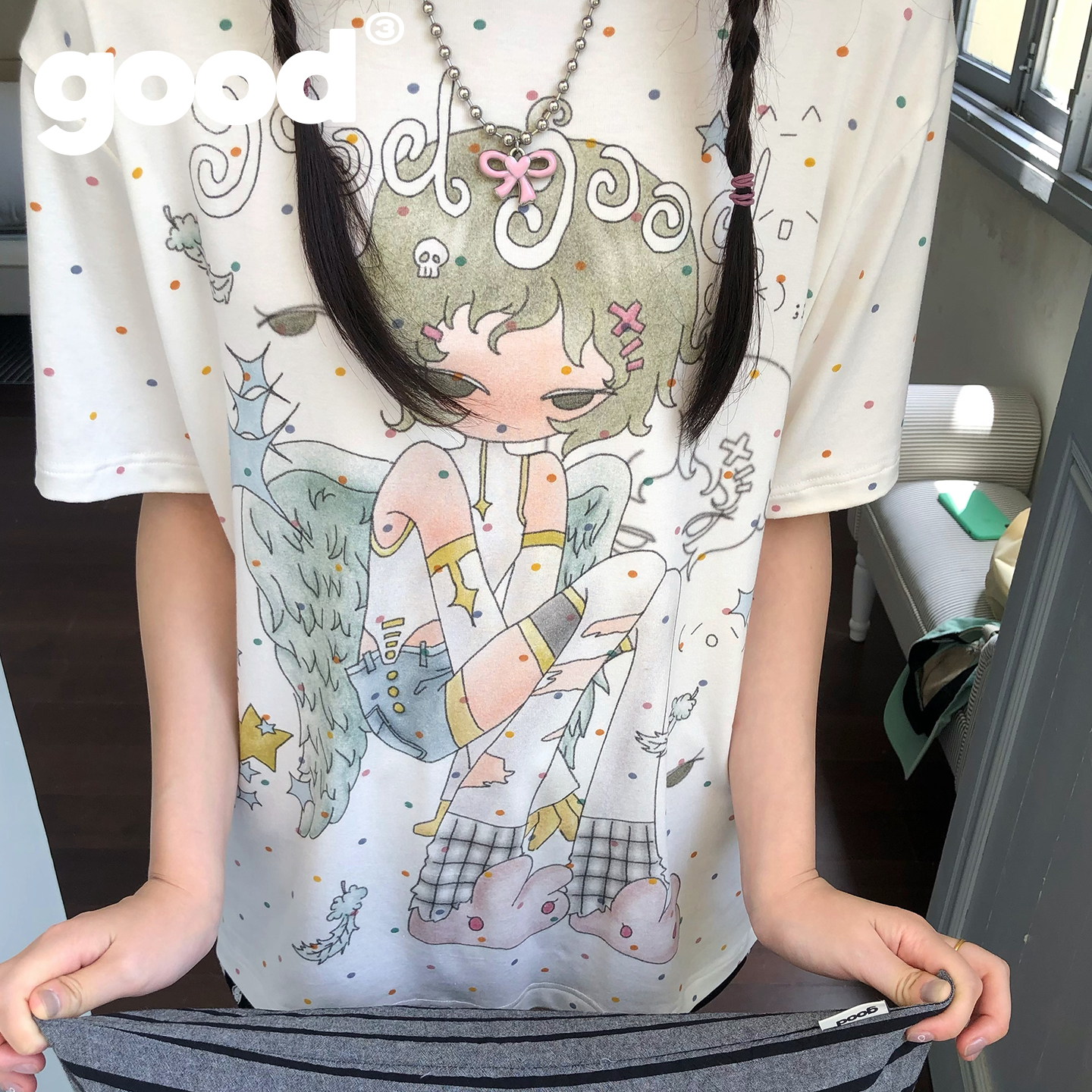 美好商店MeihaoStore糖豆波点翅膀情绪女孩轻亚短袖T恤