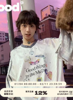 美好商店MeihaoStore有趣图案印花Blokette运动女孩风V领长袖球衣