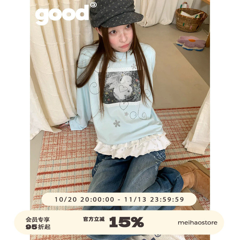 美好商店MeihaoStore「小羊莉莉丝」清爽复古照线迹good长袖T恤