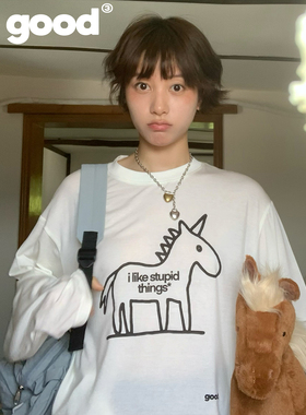 美好商店MeihaoStorei like stupid things线条独角兽半透长袖T恤