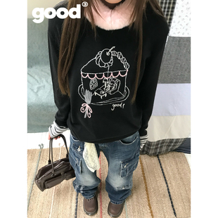 美好商店MeihaoStore「蛋糕屋」条纹拼袖圆领套头薄款黑色毛衣