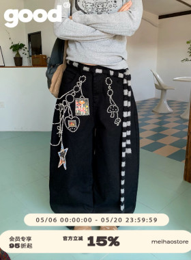 美好商店MeihaoStore「灵感菇」自带装饰裤链烫钻黑色弯刀牛仔裤