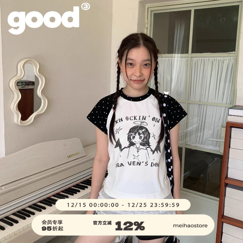 美好商店MeihaoStore天使女孩波点插肩袖小板型印花短袖T恤