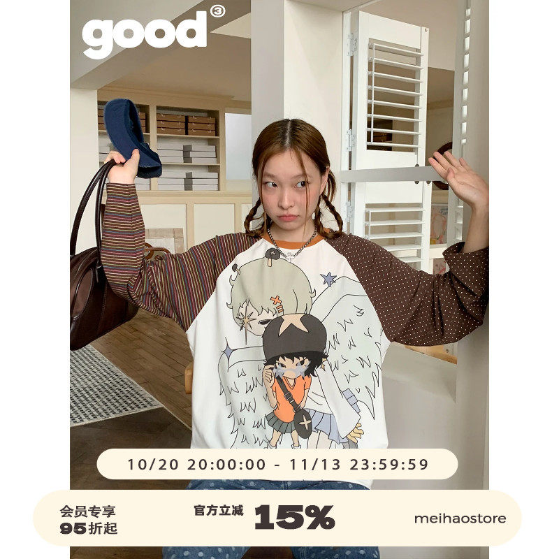 美好商店MeihaoStore「菇天使」手绘亚比女孩条纹波点插肩长袖T恤