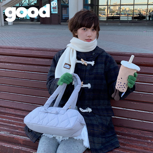 美好商店MeihaoStore韩剧女主bi备 绗棉格纹牛角扣连帽呢大衣