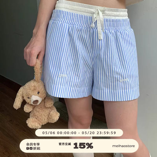 美好商店MeihaoStore夏日蓝白竖条纹双头腰刺绣good短裤
