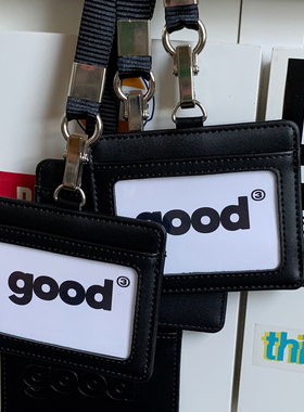 美好商店MeihaoStore黑色Good工牌双层前后两插带挂绳牛皮卡包