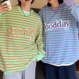 美好商店MeihaoStore双色条纹good立体绣花宽松圆领套头休闲卫衣