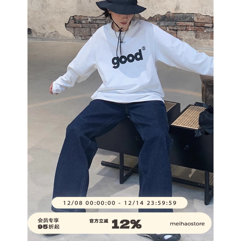 双色做旧good刺绣休闲直筒牛仔裤