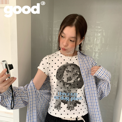 美好商店MeihaoStore[猫狗植物]系列歪头大耳波点小狗小板型T恤