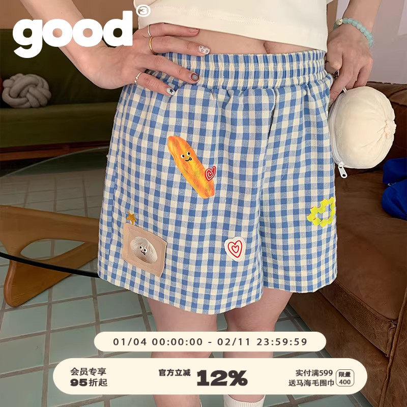 美好商店MeihaoStore夏日美味早餐蓝白格子松紧腰休闲短裤,男装,休闲裤,淘宝优惠券,粉丝福利购,淘宝优惠卷