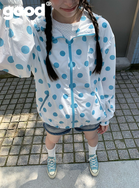 美好商店MeihaoStore「薄荷糖」蓝绿色波点满印夏日连帽防晒外套