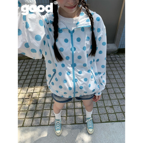 美好商店MeihaoStore「薄荷糖」蓝绿色波点满印夏日连帽防晒外套