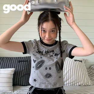 美好商店MeihaoStore线条手绘小狗撞色涂鸦正肩小板型短袖T恤