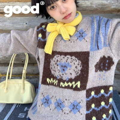 美好商店有趣小羊图案圆领毛衣