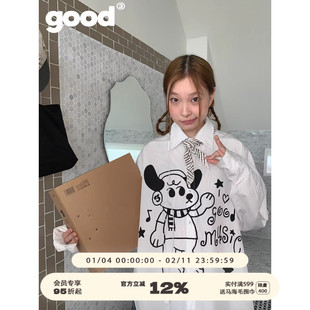 美好商店MeihaoStore 「小狗音乐家」白色竖条纹涂鸦衬衫