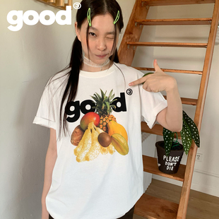 美好商店MeihaoStore多彩水果good马赛克静物印花基础短袖 T恤