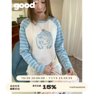 美好商店MeihaoStore「薄荷微光」头像印花字母插肩袖烫钻长袖T恤