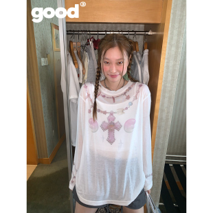 T恤 粉色饰品印花网纱长袖 美好商店MeihaoStore 没有配饰出不了门