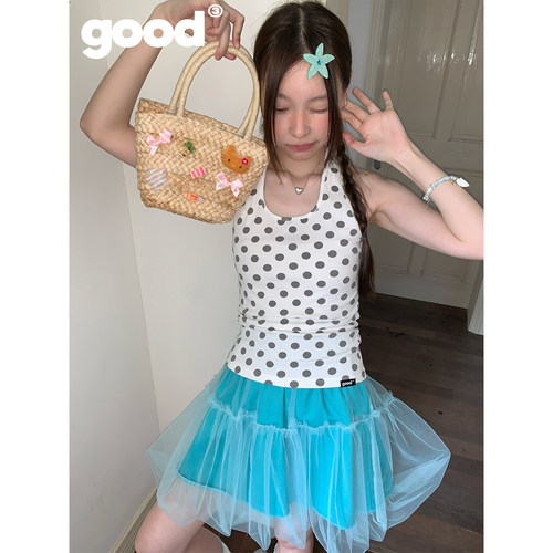 美好商店MeihaoStore「夏日宅宅」辣妹清爽星星波点灰白挂脖背心