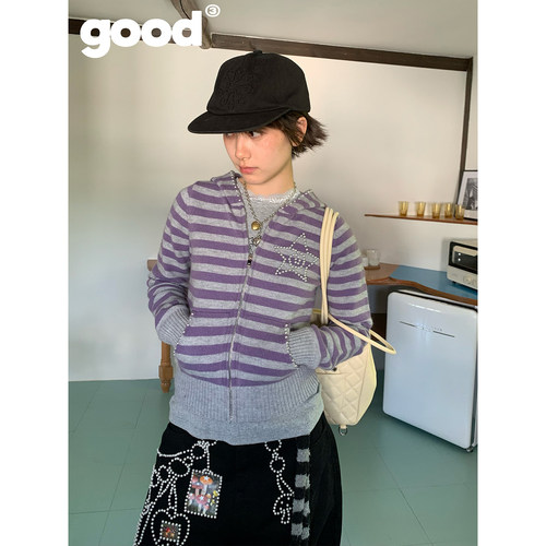 美好商店MeihaoStore「星序」轻亚风灰紫星星钉珠连帽毛衣开衫