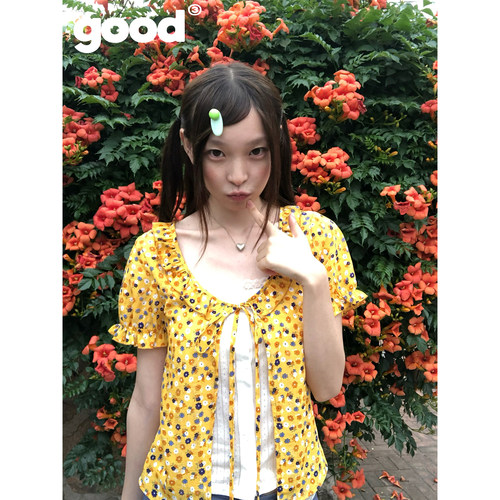 美好商店MeihaoStore「南法夏日」橘黄色碎花白色内搭衬衫假两件
