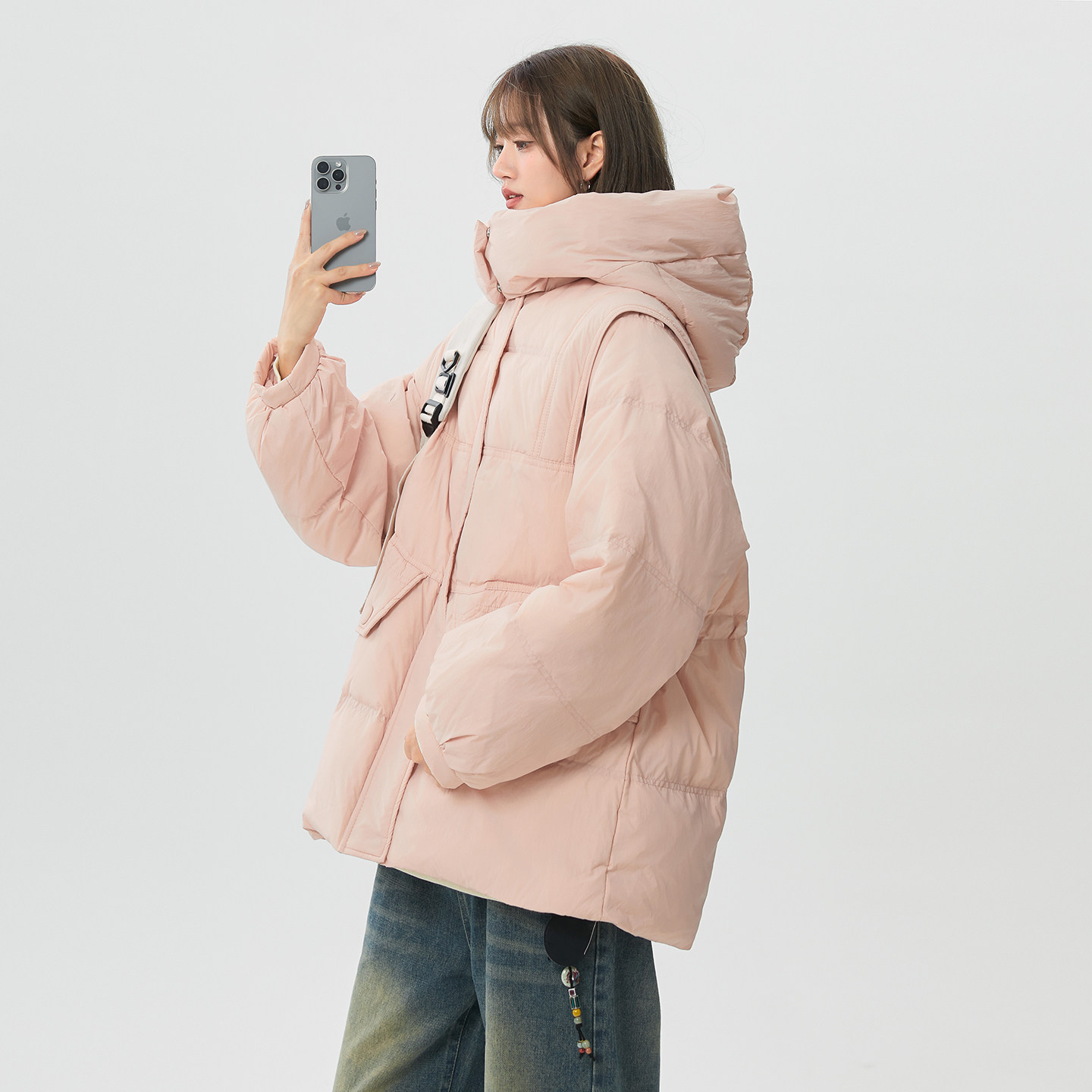 minette粉色羽绒服女冬季连帽