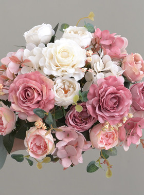 油画牡丹仿真花花束装饰摆件客厅餐桌花艺插花绢花