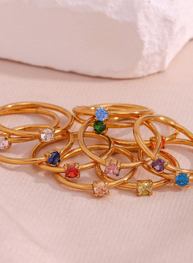 欧美ins时尚简约轻奢生辰石不锈钢镀细戒指女生日常佩戴生日礼物