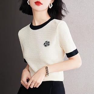 欧洲站冰丝短袖 设计感小众针织体恤潮 t恤女高级感2025年夏季 新款